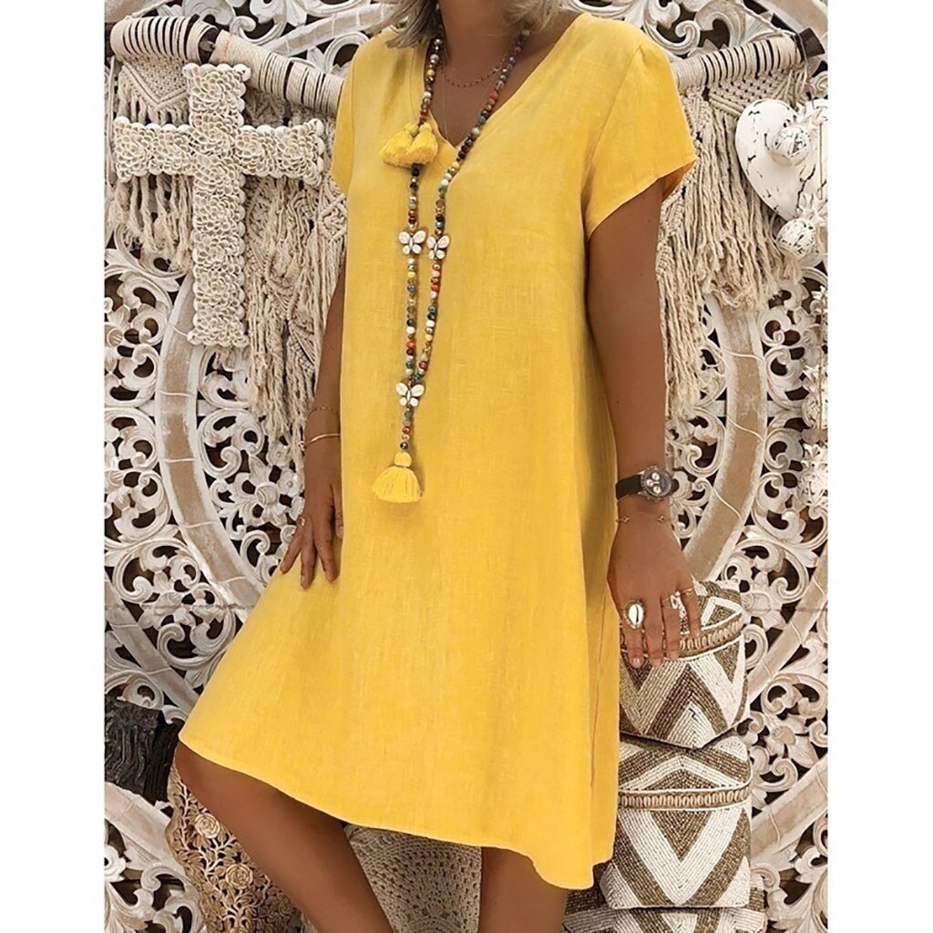 JuliaFashion-Summer Boho Cotton Linen V-Neck Dress