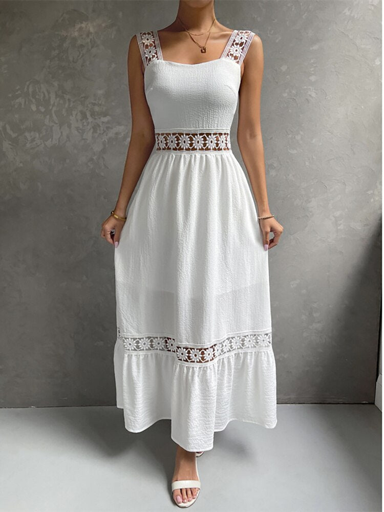 JuliaFashion - Square Collar Hollow Out Beach Boho Dress