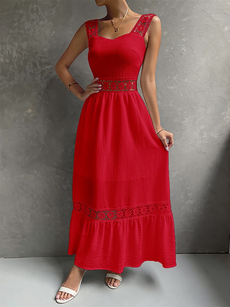 JuliaFashion - Square Collar Hollow Out Beach Boho Dress