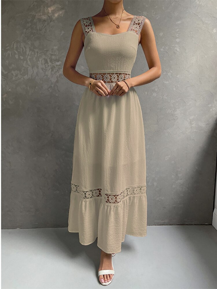 JuliaFashion - Square Collar Hollow Out Beach Boho Dress