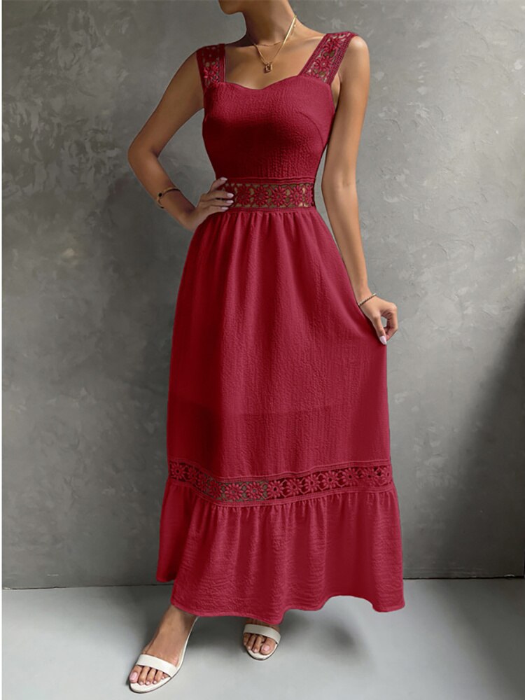 JuliaFashion - Square Collar Hollow Out Beach Boho Dress