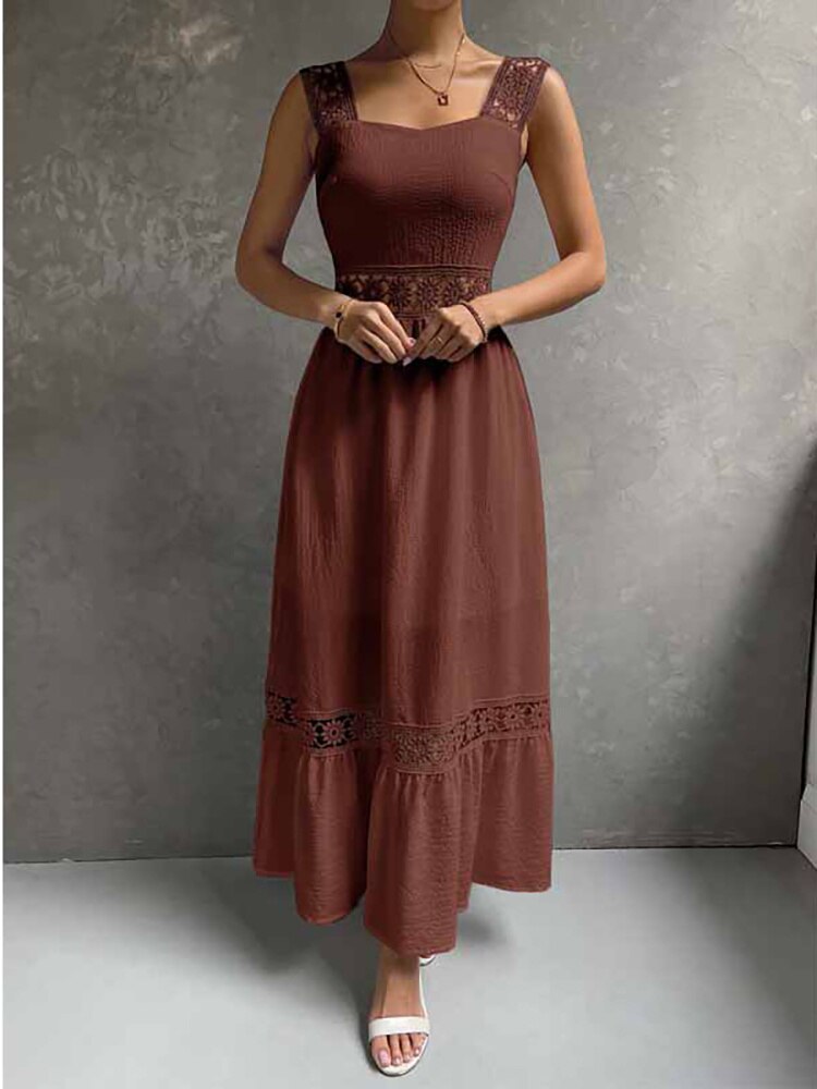 JuliaFashion - Square Collar Hollow Out Beach Boho Dress