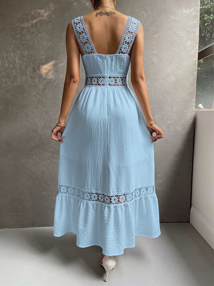 JuliaFashion - Square Collar Hollow Out Beach Boho Dress