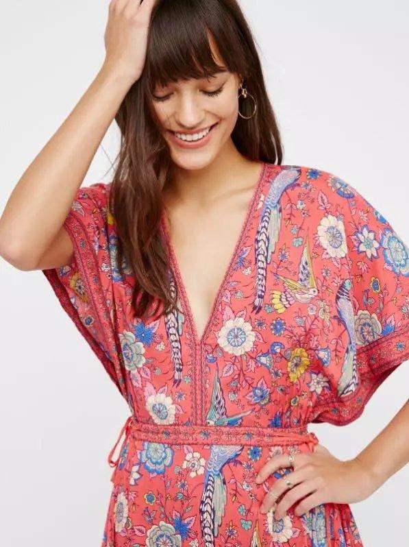 JuliaFashion-Boho Vibes Floral Print Plunging Neck Maxi Dress