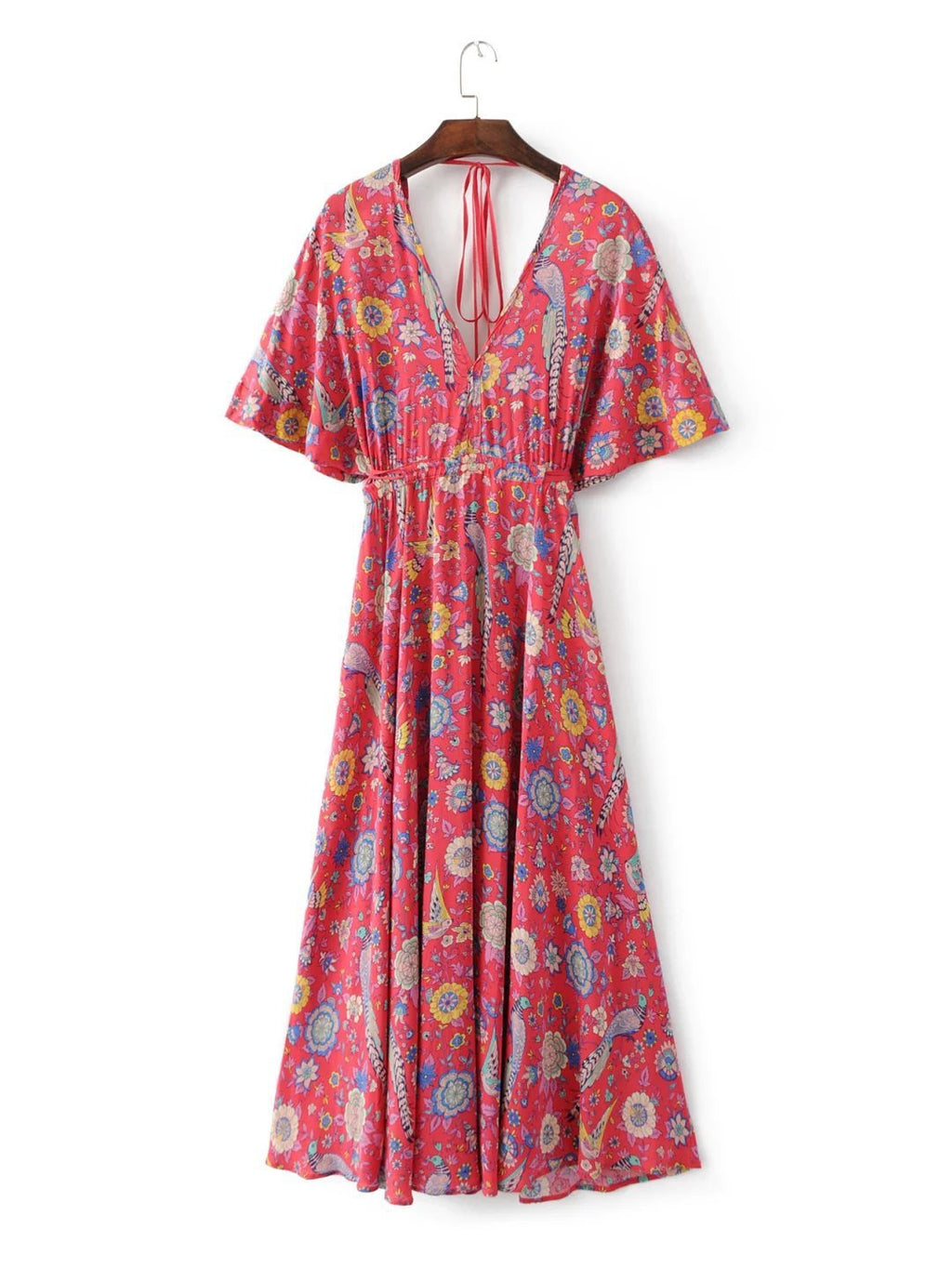 JuliaFashion-Boho Vibes Floral Print Plunging Neck Maxi Dress