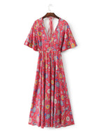 JuliaFashion-Boho Vibes Floral Print Plunging Neck Maxi Dress