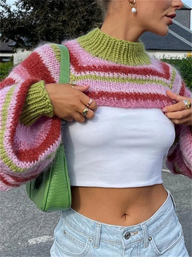 JuliaFashion - Chic Knitted Y2K Vintage Striped Loose Long Sleeve Pullover 90s Retro Sweater