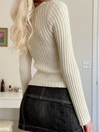 JuliaFashion - Knitted V-neck Ribbed Winter Autumn Long Sleeve Slim Fit Solid Pullovers Club Sweater