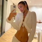 JuliaFashion - Sexy Open Stitch Cardigan Lace-up Knitted Fur Patchwork Front Lace-up Autumn Long Sleeve Pullovers Sweater