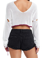 JuliaFashion - Vintage Bow Patchwork Long Sleeve Cutout Knitted Backless Summer Pullovers Sweater