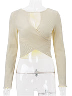 JuliaFashion - Autumn Knitted Solid Color Ribbed Front Criss-Cross Cutout Long Sleeve Knitwear Pullovers Sweater