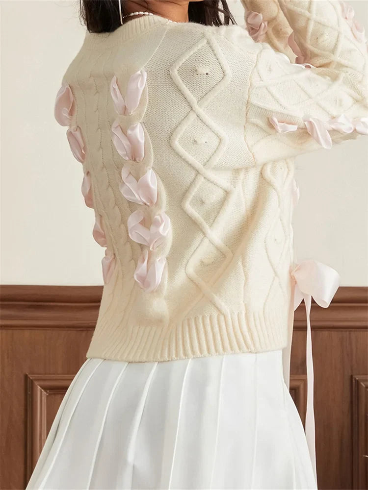 JuliaFashion - Criss-cross Ribbon Round Neck Long Sleeve 3D Bow Cable Knitted Pullovers Fall Winter Sweater