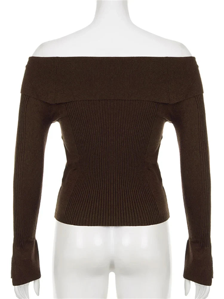 JuliaFashion - Slash Neck Off Shoulder Slim Pullovers Solid Color Ribbed Knitted Long Sleeve Cropped Knitwear Sweater