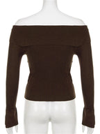 JuliaFashion - Slash Neck Off Shoulder Slim Pullovers Solid Color Ribbed Knitted Long Sleeve Cropped Knitwear Sweater