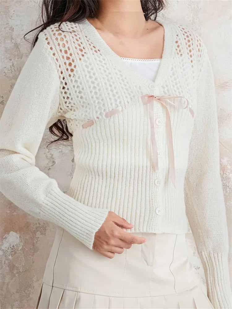 JuliaFashion - Spring Slim Knitted Cardigan Front Tie-up Bow V-Neck Long Sleeve Hollow Out Knitwear Sweater