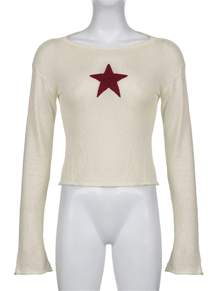 JuliaFashion - y2k Star Pattern Long Sleeve Knitted Spring Autumn Slim Fit Pullovers Sweater