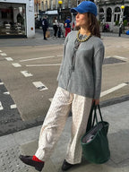 Casual Knit Round Neck Hollow Out Solid Long Sleeves Lace Up Cardigan