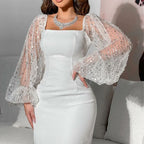 JuliaFashion - Sequin Sheer Square Neck Midi Dress