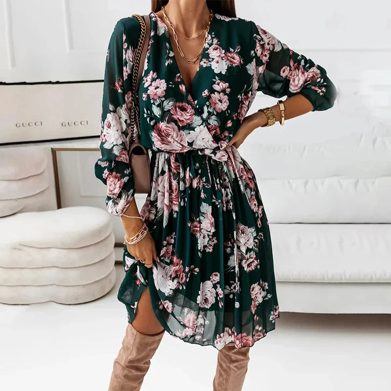 Julia Fashion - Chiffon Long Sleeve Floral Print Casual Deep V Neck Green Mini Dress