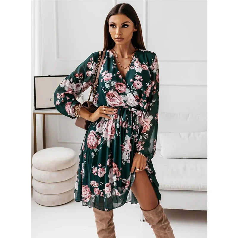 Julia Fashion - Chiffon Long Sleeve Floral Print Casual Deep V Neck Green Mini Dress