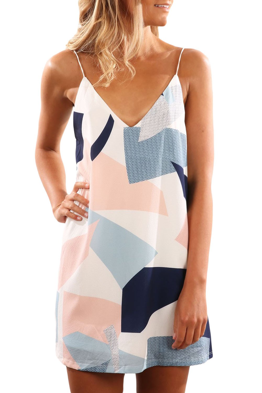 JuliaFashion-Color Block Geometric Print Short Dress