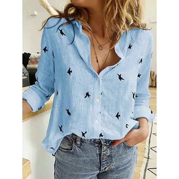 JuliaFashion - 2024 Vintage Flower Print Linen Shirt