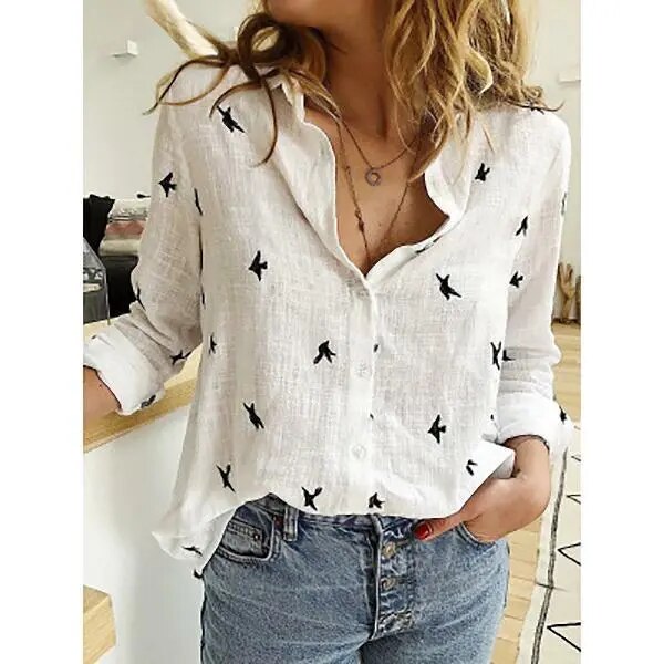 JuliaFashion - 2024 Vintage Flower Print Linen Shirt