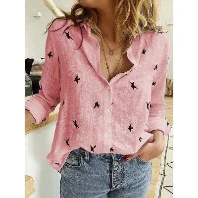 JuliaFashion - 2024 Vintage Flower Print Linen Shirt