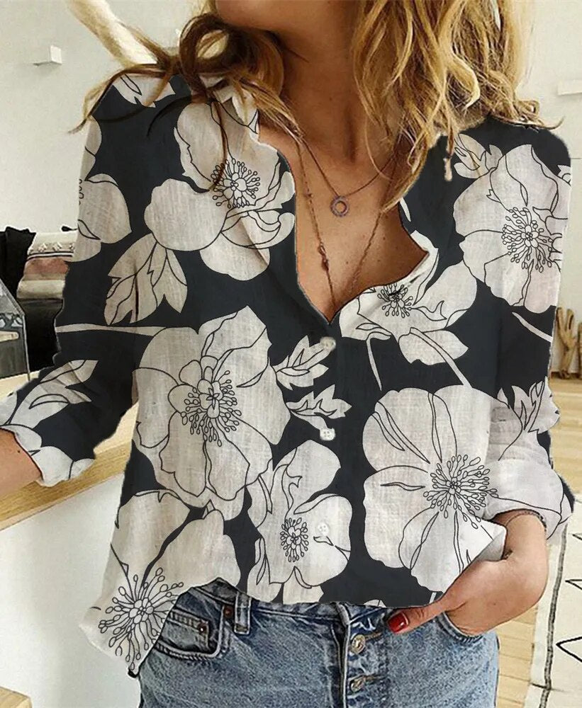JuliaFashion - 2024 Vintage Flower Print Linen Shirt