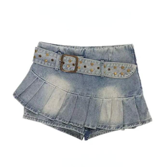JuliaFashion - Sexy Distressed Belted Mini Jean Skirt