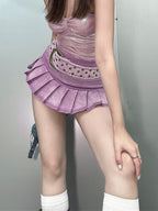 JuliaFashion - Sexy Distressed Belted Mini Jean Skirt