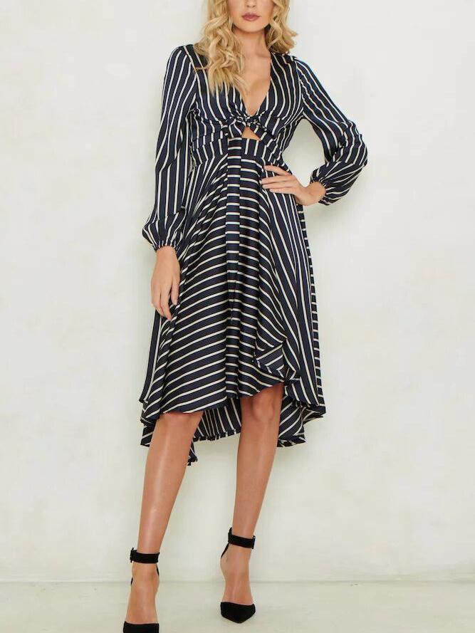 JuliaFashion-Deana Stripe Plunging Neck Midi Dress
