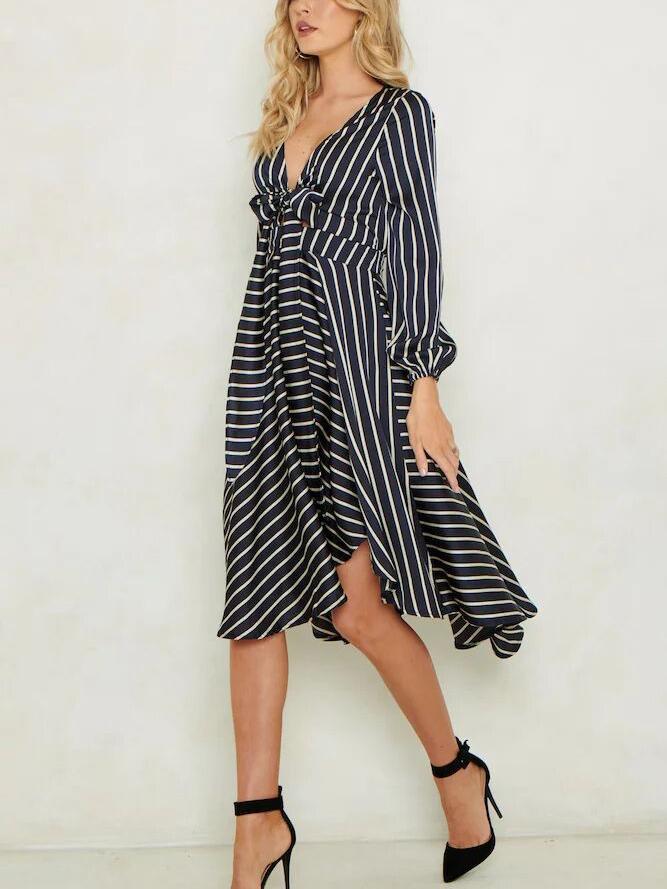 JuliaFashion-Deana Stripe Plunging Neck Midi Dress