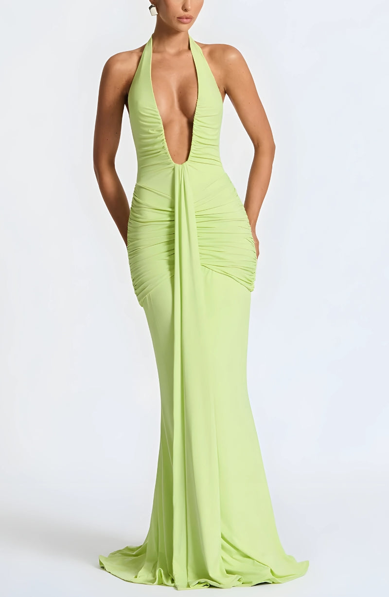 Deep Plunge Ruched Maxi Dress