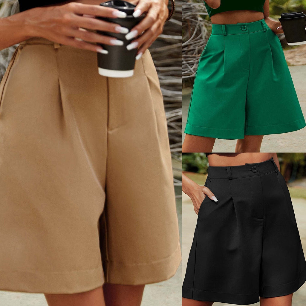 JuliaFashion - Wide-Leg Ladies Shorts Elastic Waist Knee-Length Short