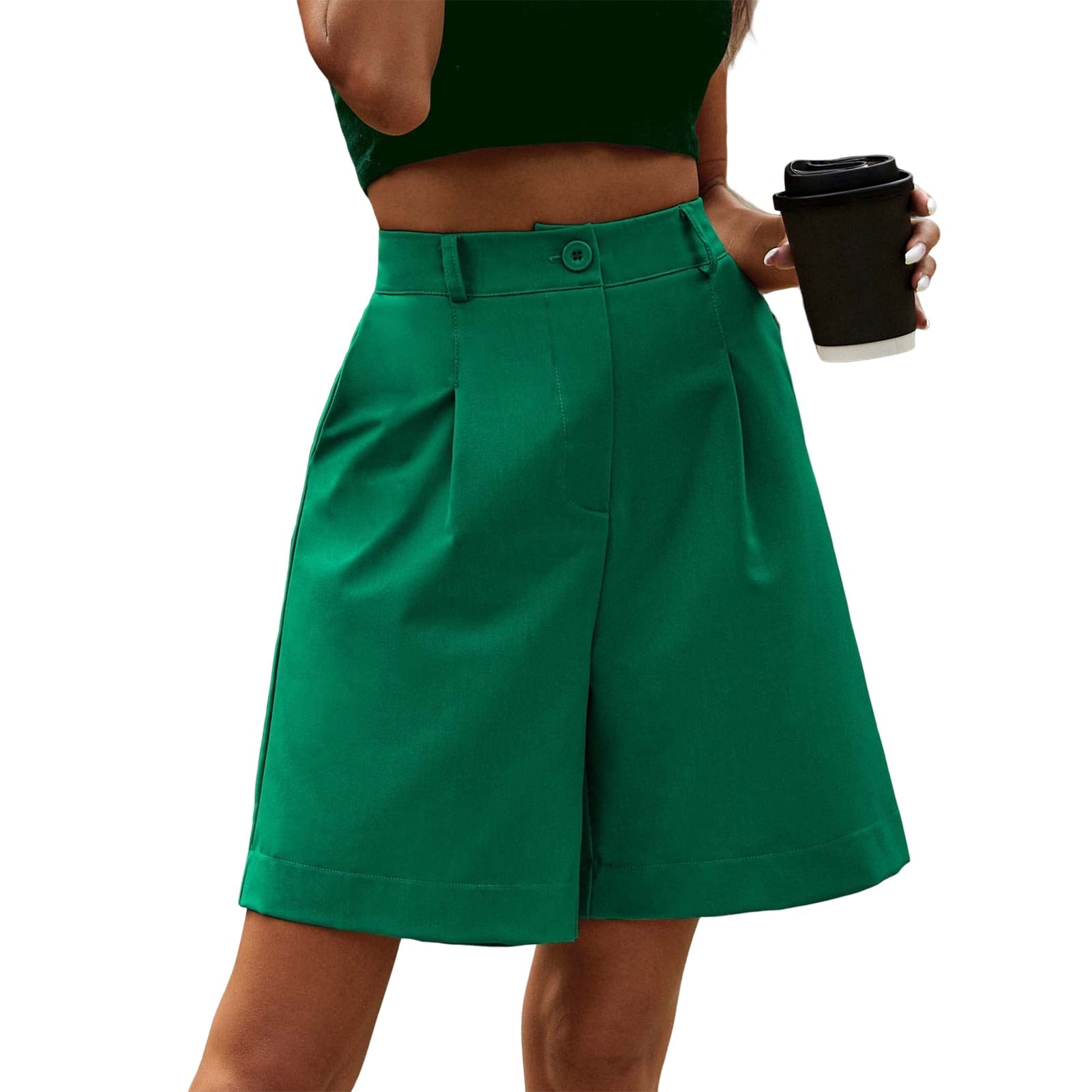 JuliaFashion - Wide-Leg Ladies Shorts Elastic Waist Knee-Length Short