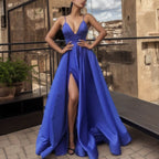 JuliaFashion - Sleeveless Satin V-Neck Maxi Dress