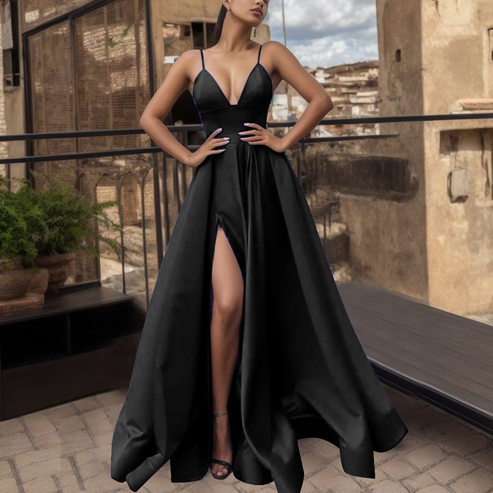 JuliaFashion - Sleeveless Satin V-Neck Maxi Dress