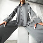 JuliaFashion-Long Sleeve Feather Blouses Loose Long Pants 2 Piece Set