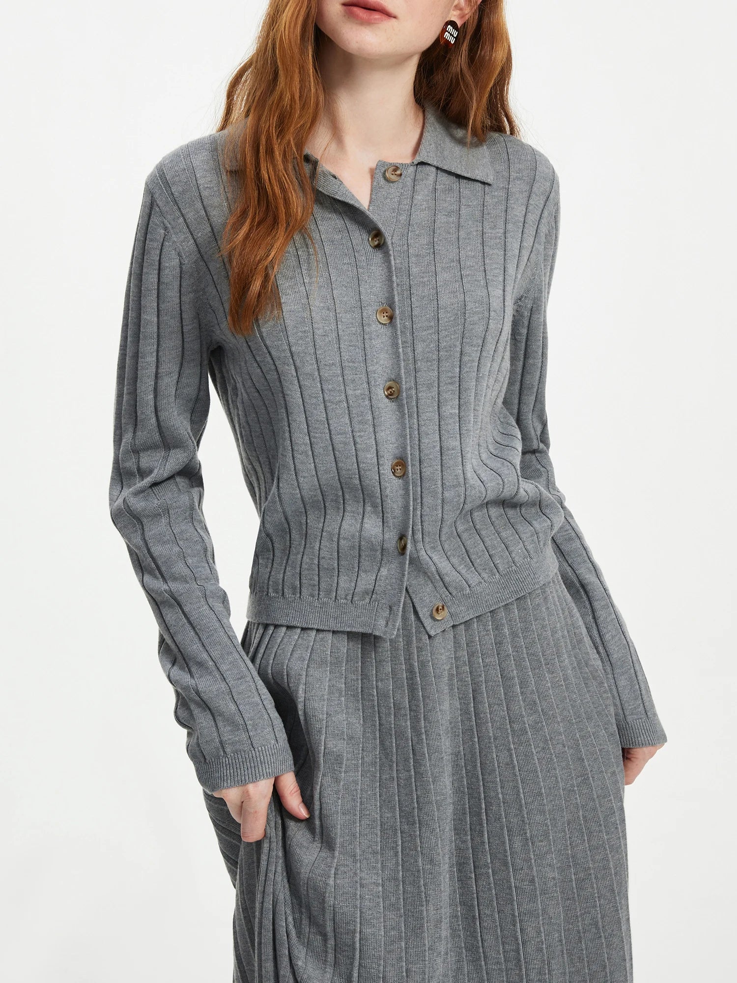 Wool Gray Pure White Knit Set Autumn Winter Pleated Skirt Cardigan