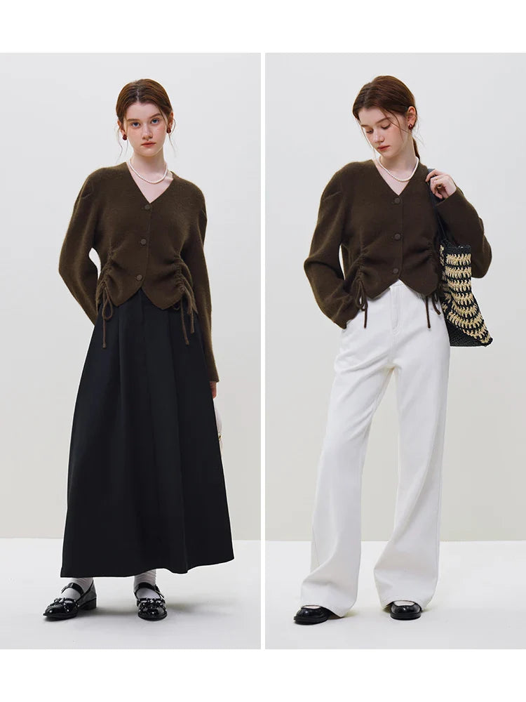 Velvet Retro Coffee Color Soft V-Neck Lace Up Cardigan