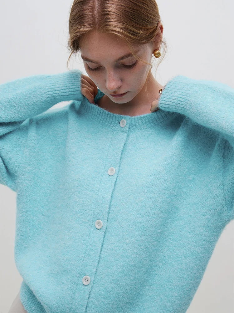 Round Neck Drop Sleeve Warm Casual Contrast Color Button Cardigan