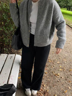Classic Grey Round Neck Casual Snap Button Long Sleeve Cardigan