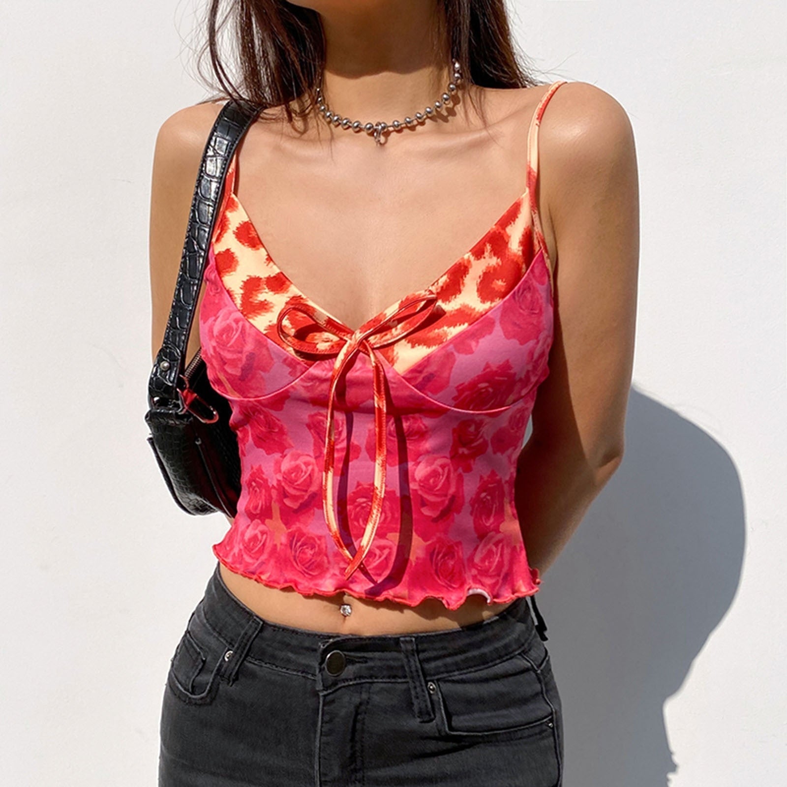 JuliaFashion - Rose Print V-Neck Cami Tops