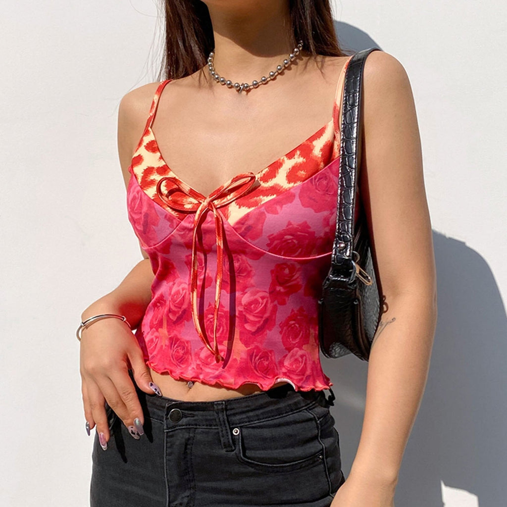 JuliaFashion - Rose Print V-Neck Cami Tops