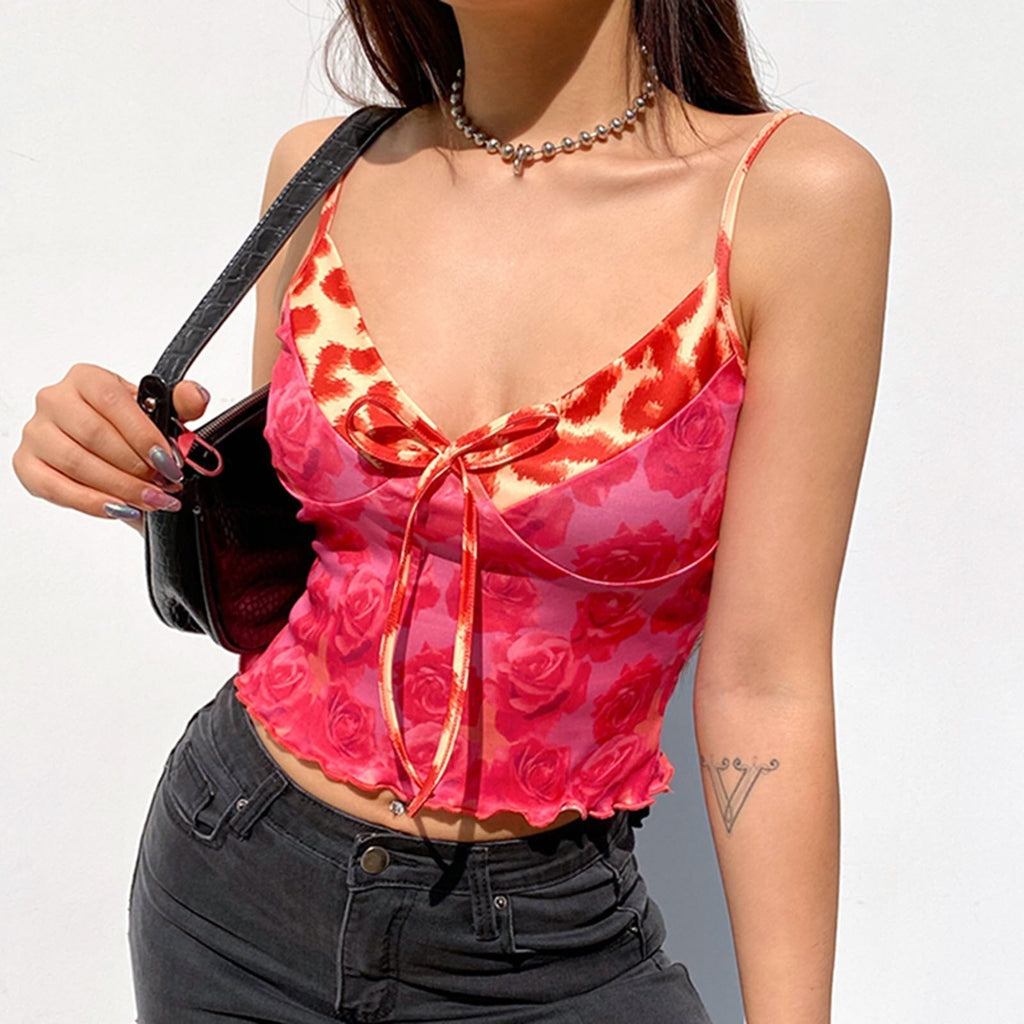 JuliaFashion - Rose Print V-Neck Cami Tops
