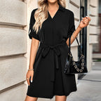 JuliaFashion-Casual A-line Turn-Down Collar Mini Dress