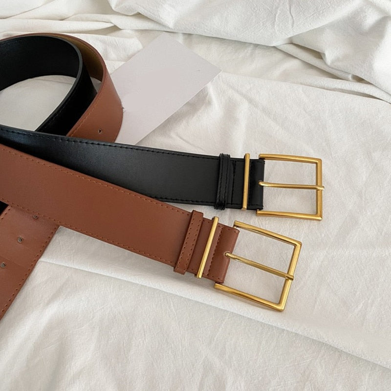 JuliaFashion - 2024 Vintage Gold Buckle Waistbands PU Leather Belts