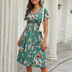 JuliaFashion-Floral Printed V-neck Midi Dress
