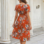 JuliaFashion-Floral Printed V-neck Midi Dress